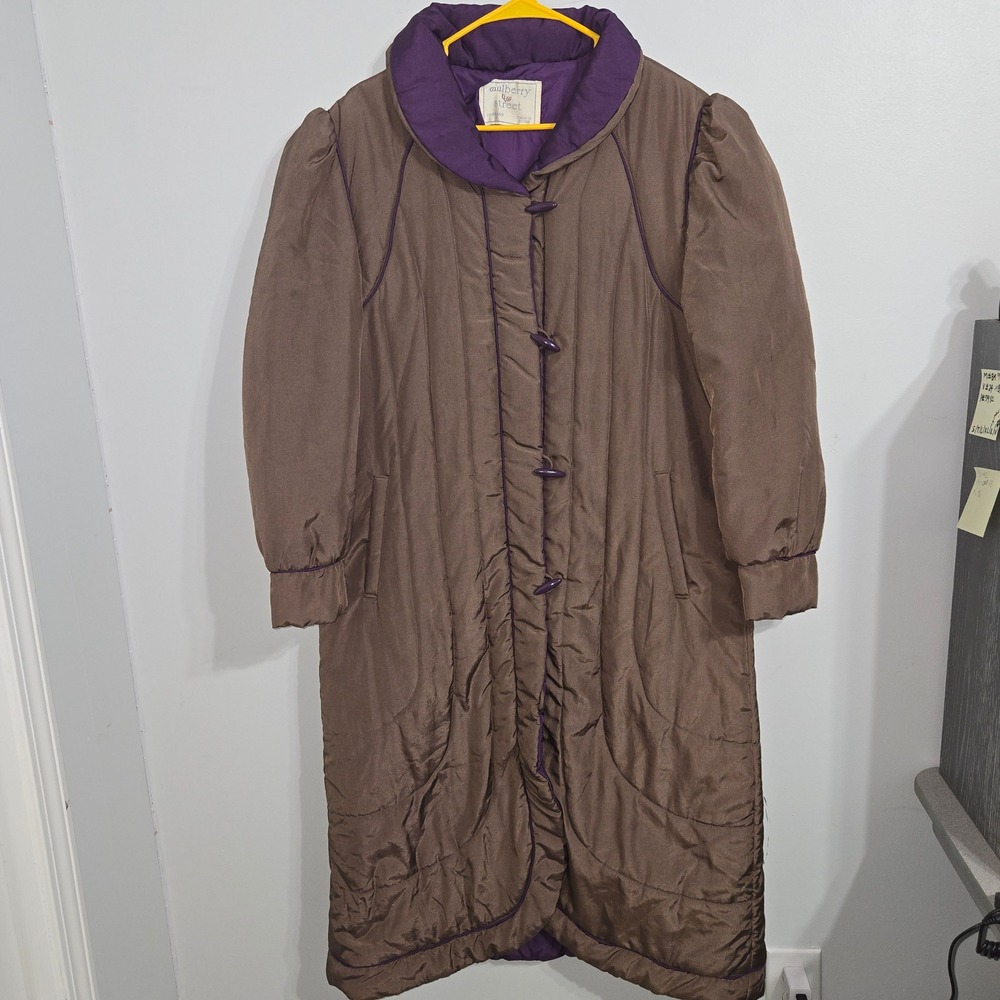 V#43 Mulberry‎ Street Quilted Puffer Coat Purple Trim Long Jacket Outerwear